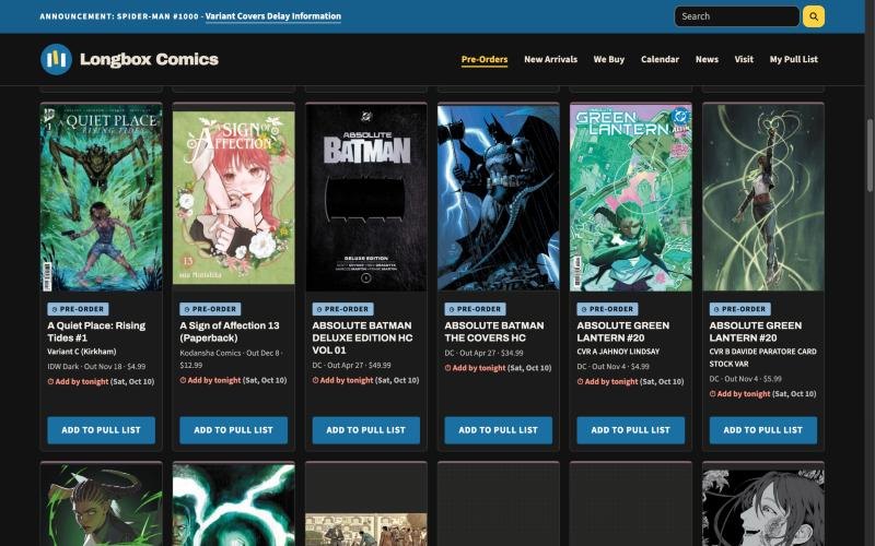 A comic shop's Pullwise pre-order page: new releases with covers, prices, the order cutoff and an Add to pull list button on each