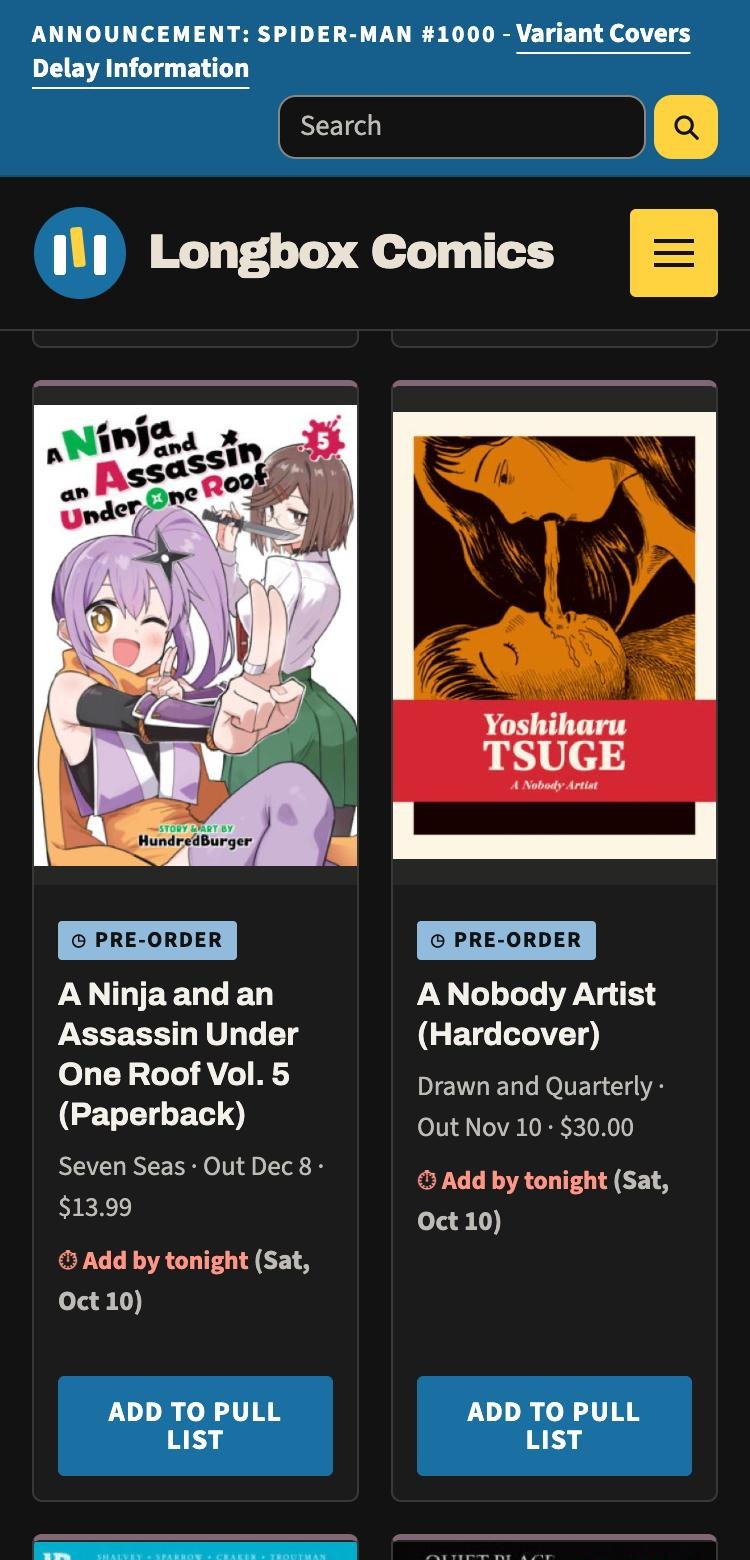 The same shop's pre-order page on a phone, with Add to pull list buttons under each cover