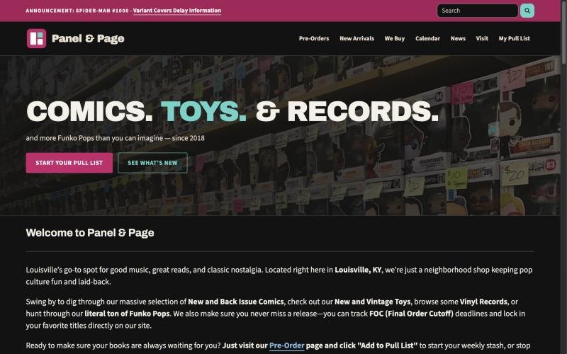 Panel & Page homepage built on Pullwise, with the shop's own logo and colors