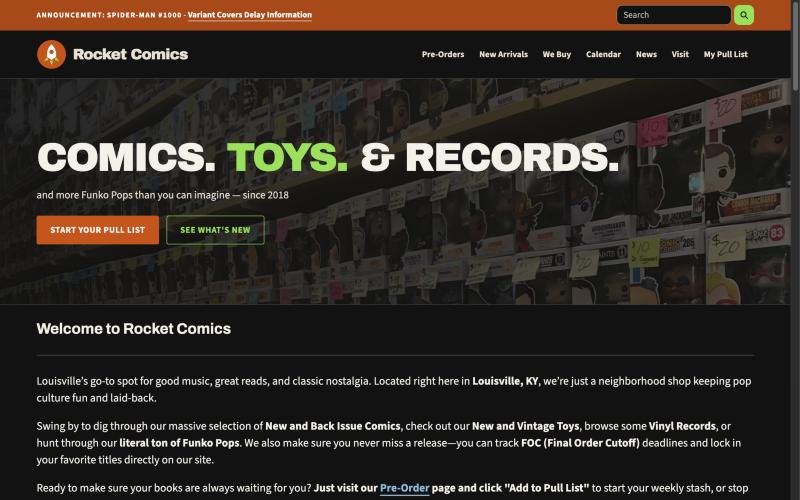 Rocket Comics homepage built on Pullwise, with the shop's own logo and colors